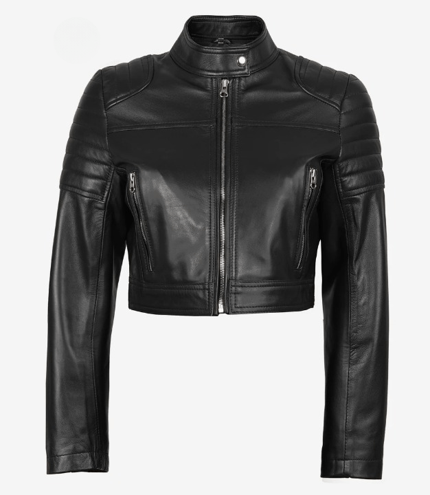 Women’s Black Cropped Leather Jacket – Quilted Shoulder Moto Style | Livra Jackets – Genuine Leather Jacket | Livra Jackets