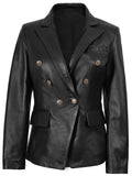 Women’s black double-breasted leather blazer front view – Livra Jackets..