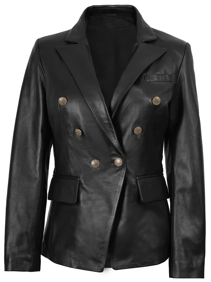Women’s black double-breasted leather blazer front view – Livra Jackets..