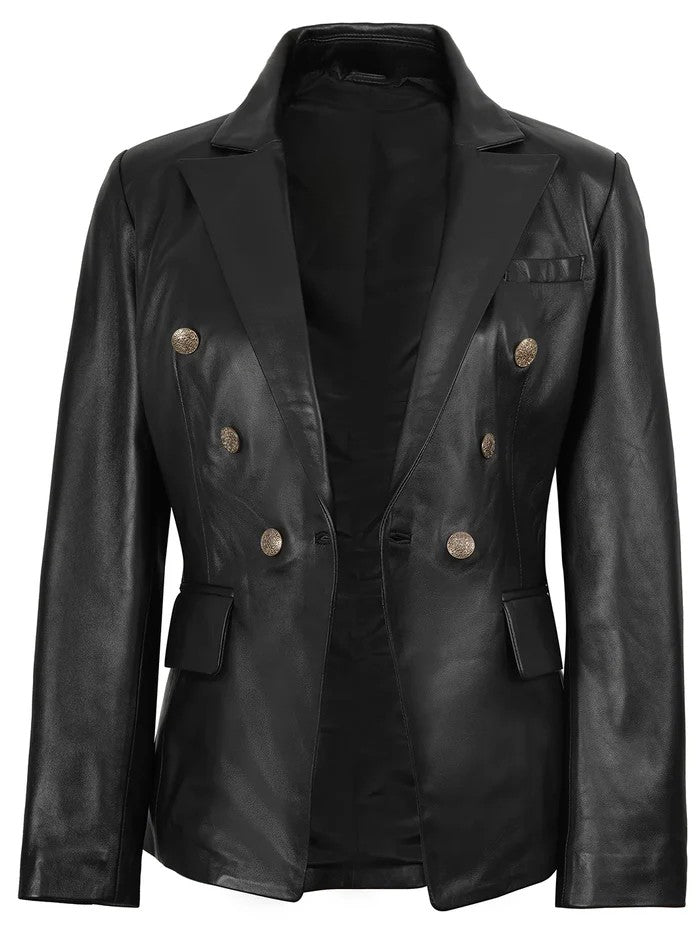 Women’s black double-breasted leather blazer front view – Livra Jackets