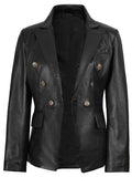Women’s black double-breasted leather blazer front view – Livra Jackets