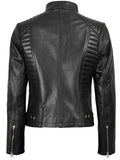 Back view of slim fit women’s black leather jacket