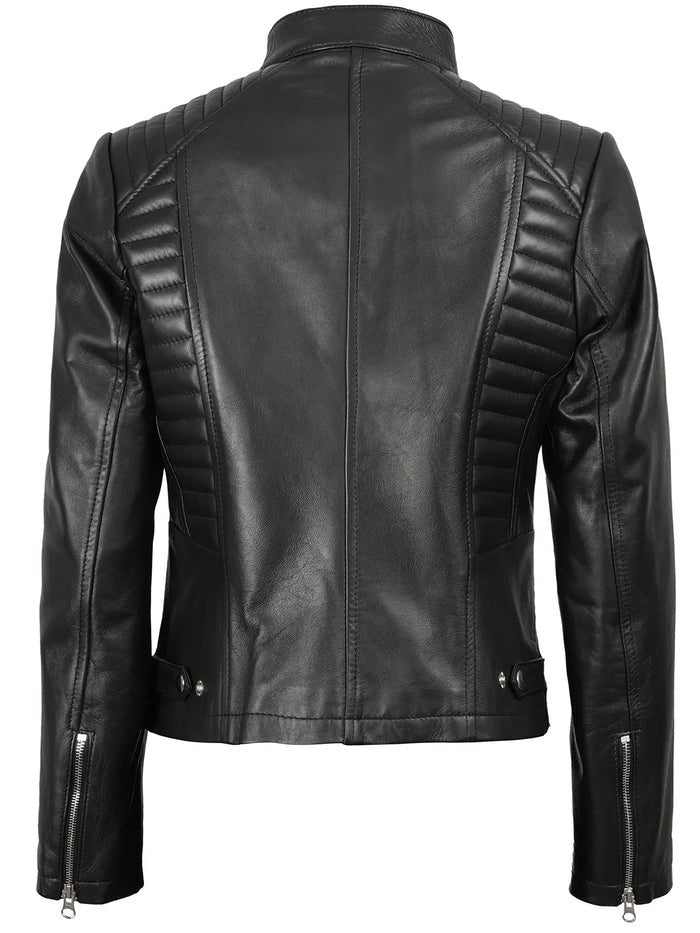 Back view of slim fit women’s black leather jacket