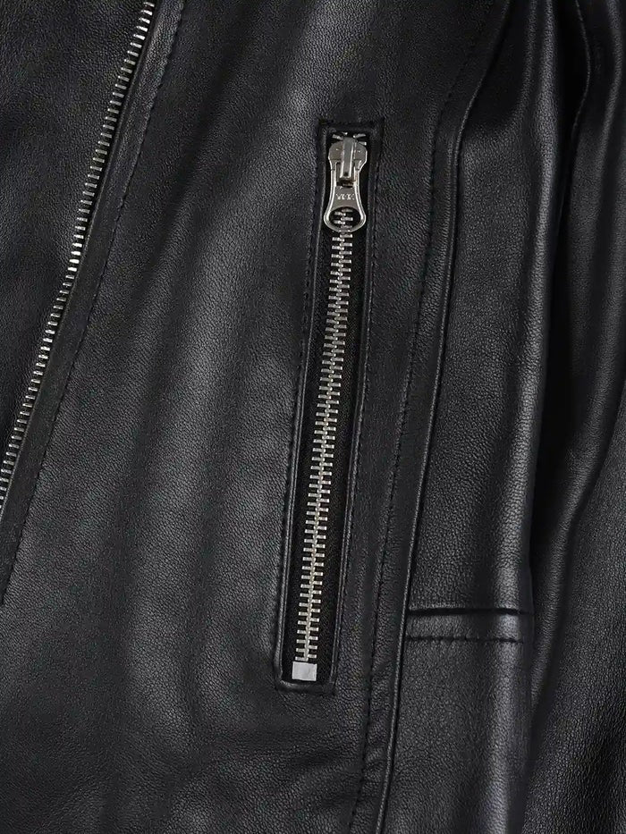 Close-up of zipper pocket on women’s black asymmetrical leather jacket