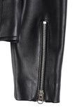 Close-up of zipper sleeve detail on women’s black biker leather jacket