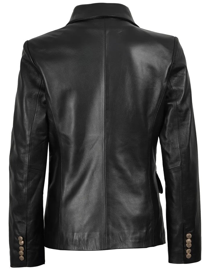 Women’s black double-breasted leather blazer front view – Livra Jackets