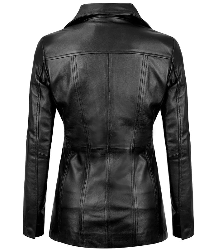 Women’s Black Leather Blazer Front View