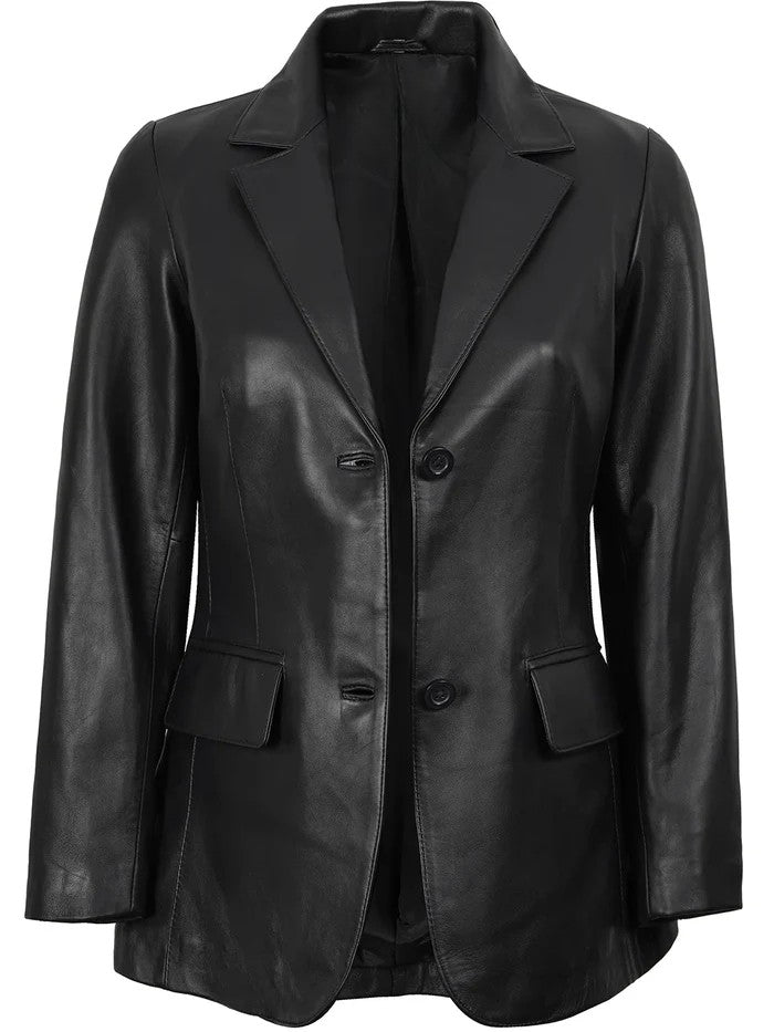 Women’s Black Leather Blazer Front View
