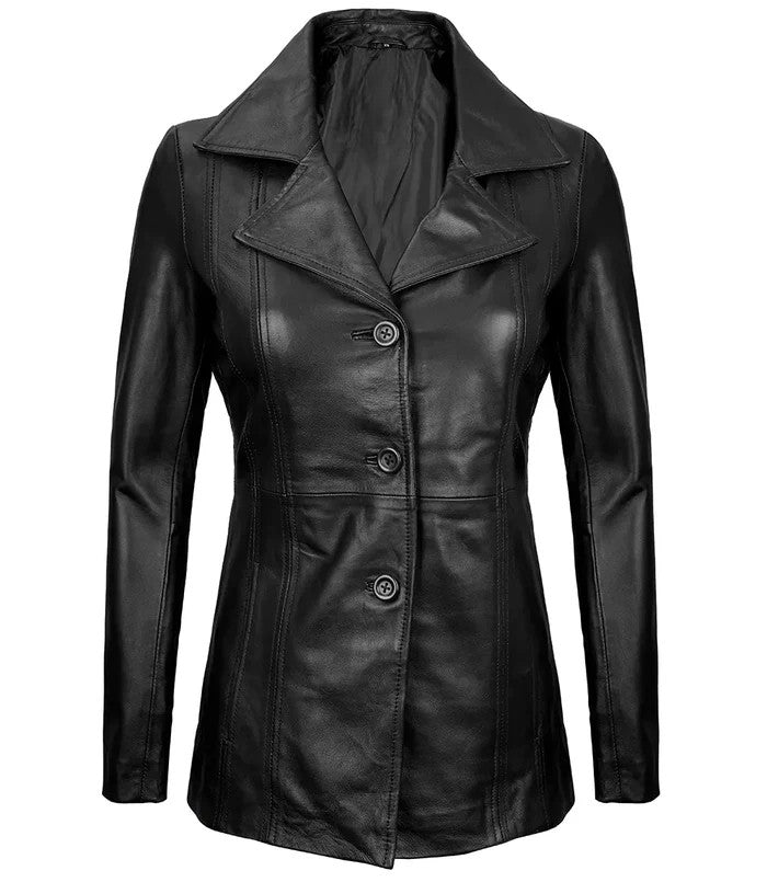 Women’s Black Leather Blazer Front View