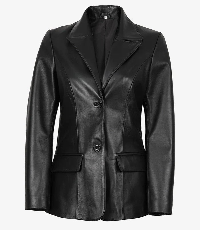 Women’s Black Leather Blazer Jacket front view