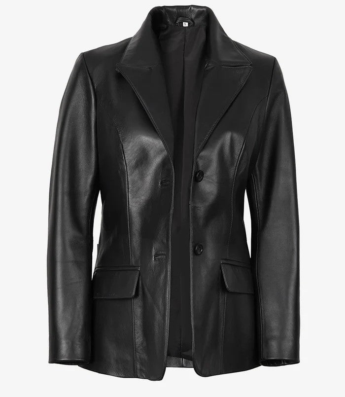 Women’s Black Leather Blazer Jacket front view