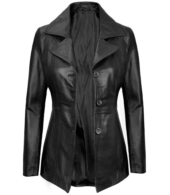 Women’s Black Leather Blazer Open Front Style