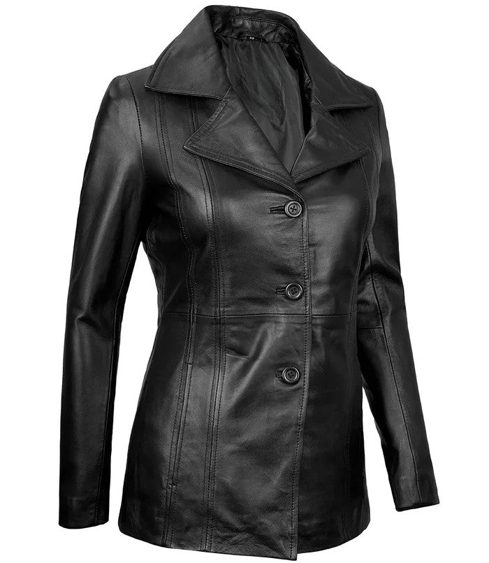 Women’s Black Leather Blazer Side Angle