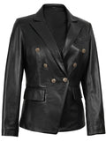 Women’s black leather blazer sleeve detail with golden buttons..