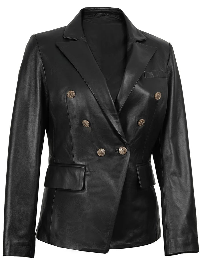 Women’s black leather blazer sleeve detail with golden buttons..