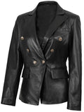 Women’s black leather blazer sleeve detail with golden buttons