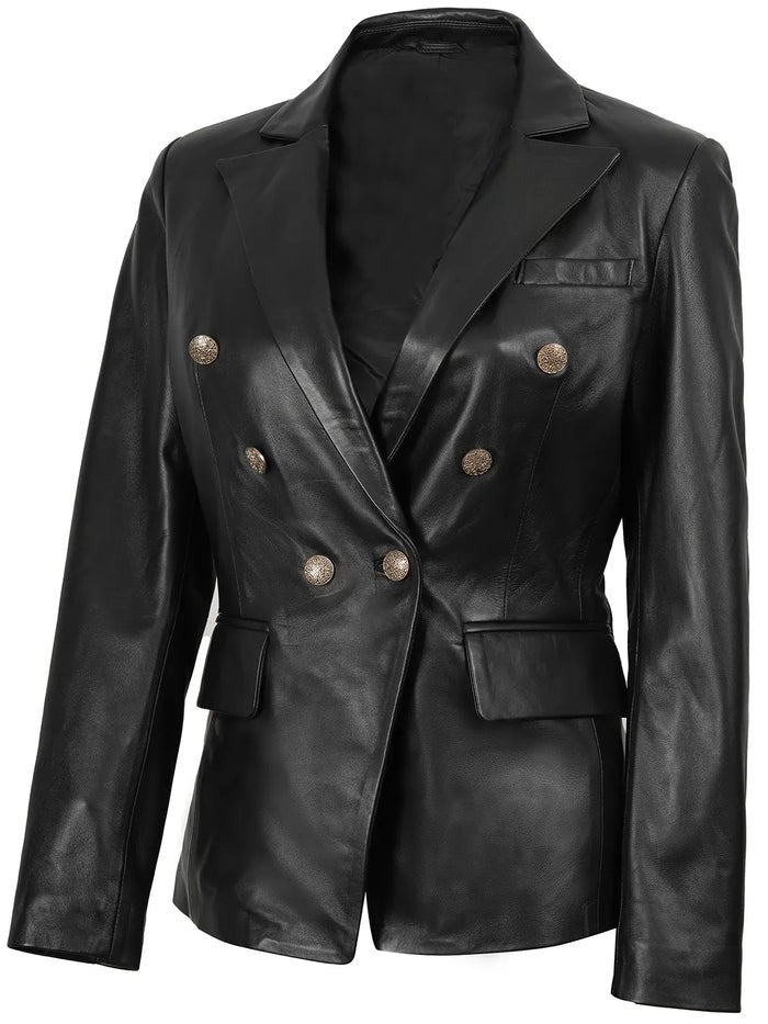 Women’s black leather blazer sleeve detail with golden buttons