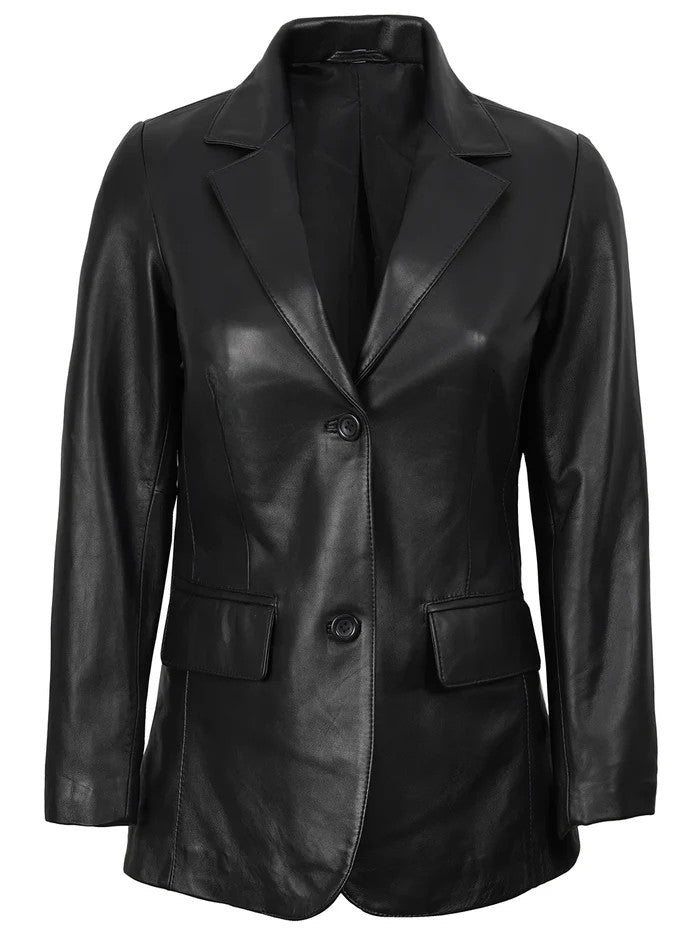 Women’s Black Leather Blazer – Two - Button Real Leather Coat – Genuine Leather Jacket | Livra Jackets