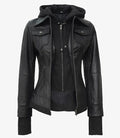 Women’s Black Leather Bomber Jacket Front View