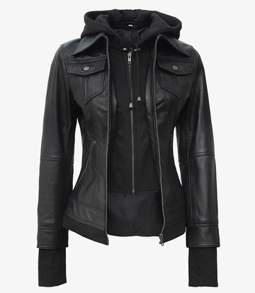 Women’s Black Leather Bomber Jacket Front View