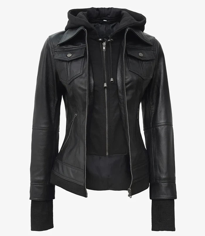 Women’s Black Leather Bomber Jacket with Removable Hood – Genuine Leather Jacket | Livra Jackets
