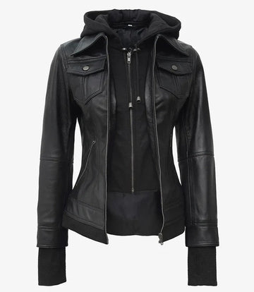 Women’s Black Leather Bomber Jacket with Removable Hood – Genuine Leather Jacket | Livra Jackets