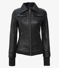 Women’s Black Leather Bomber Jacket with Removable Hood – Genuine Leather Jacket | Livra Jackets