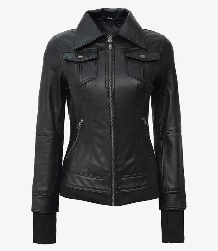 Women’s Black Leather Bomber Jacket with Removable Hood – Genuine Leather Jacket | Livra Jackets