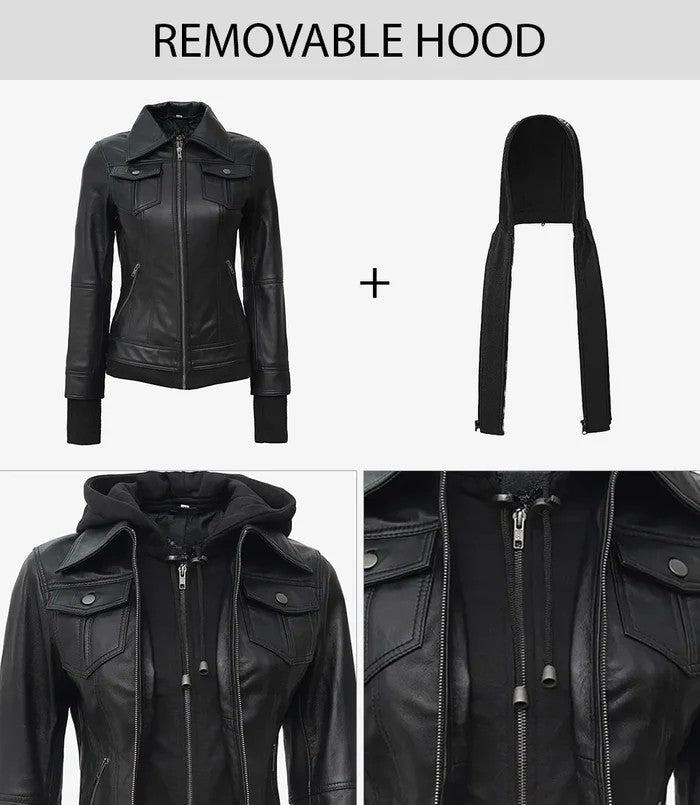 Women’s Black Leather Bomber Jacket with Removable Hood – Genuine Leather Jacket | Livra Jackets