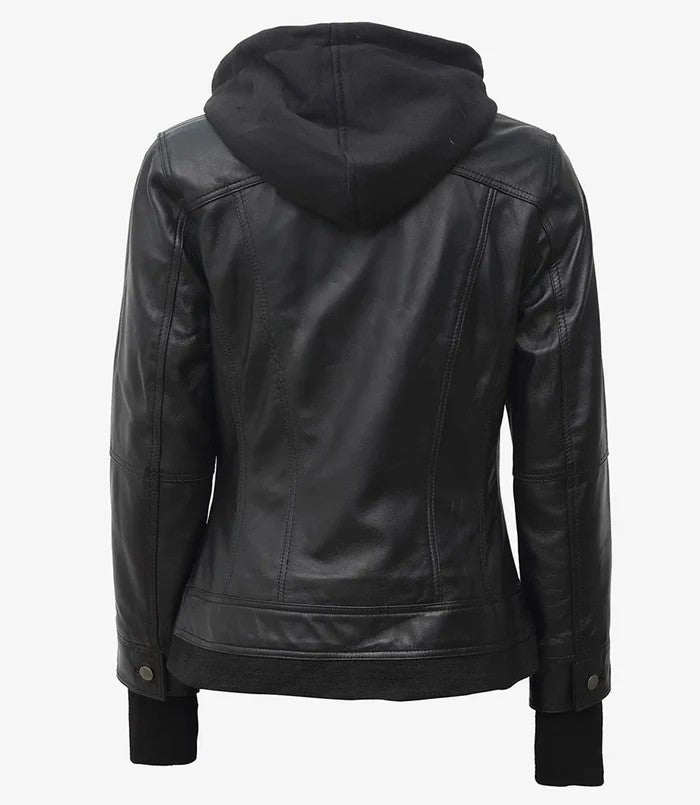 Women’s Black Leather Bomber Jacket with Removable Hood – Genuine Leather Jacket | Livra Jackets