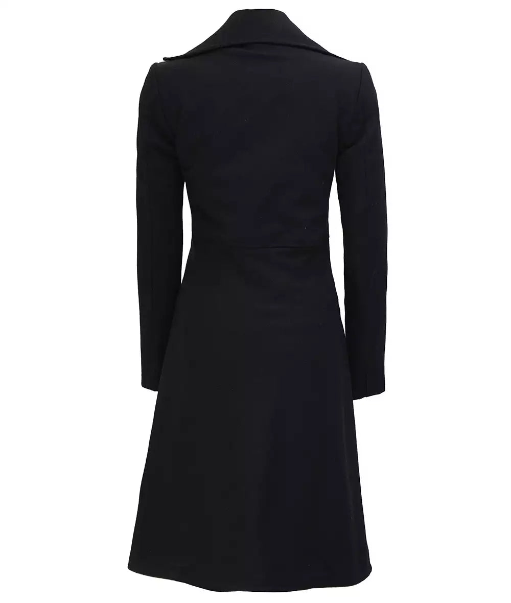 Front view of women’s black long trench coat with double-breasted button closure