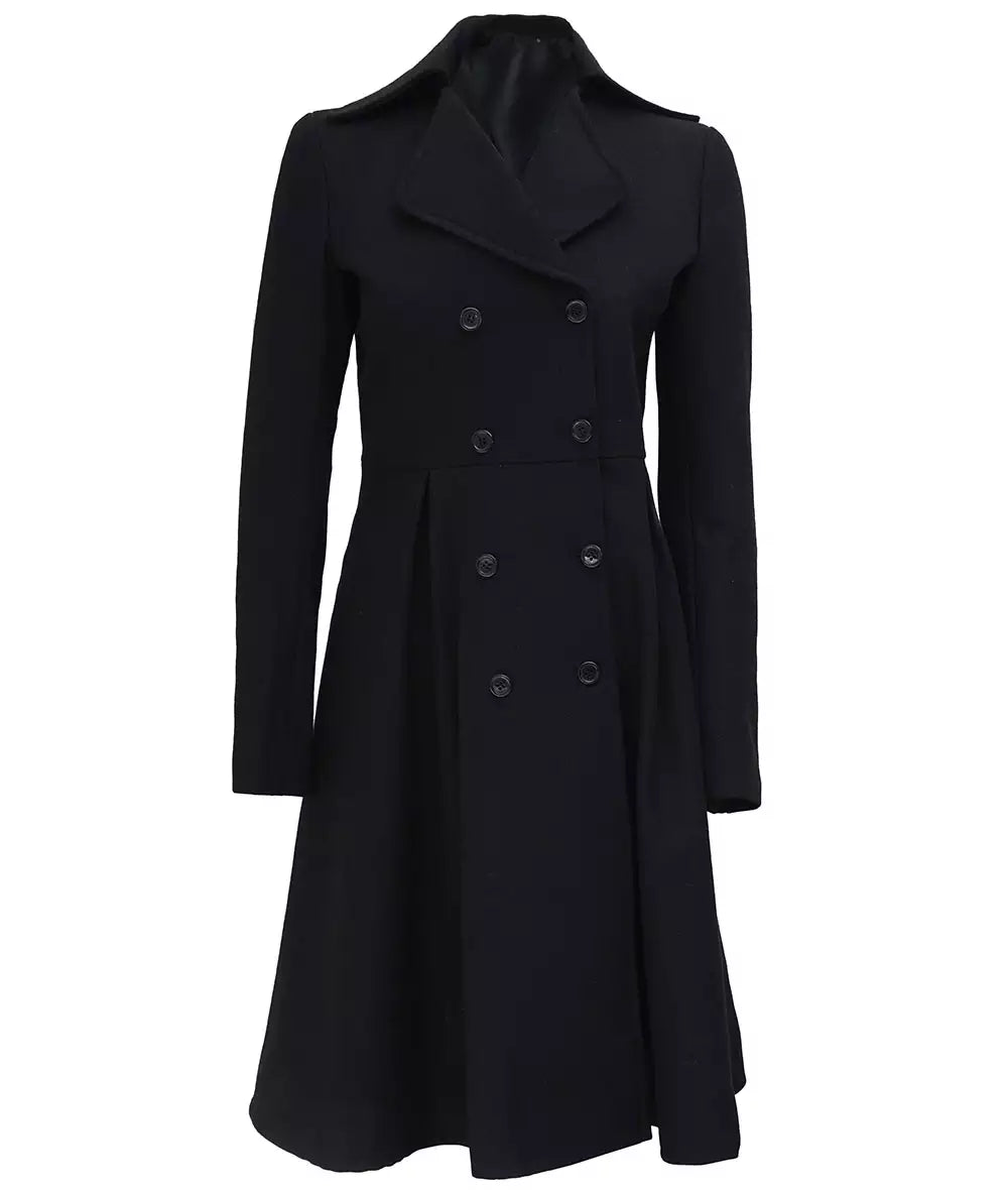 Front view of women’s black long trench coat with double-breasted button closure