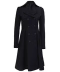 Front view of women’s black long trench coat with double-breasted button closure
