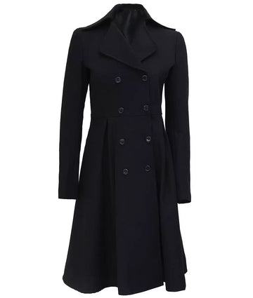 Front view of women’s black long trench coat with double-breasted button closure