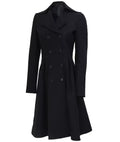 Elegant women’s black trench coat with wide lapel collar and slim-fit design