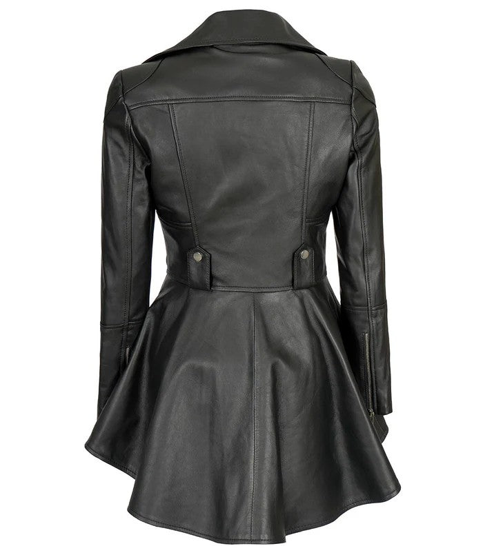 Women’s black peplum leather jacket back view with flared hem