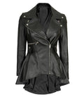 Women’s black peplum leather biker jacket front view