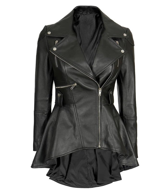 Women’s black peplum leather biker jacket front view