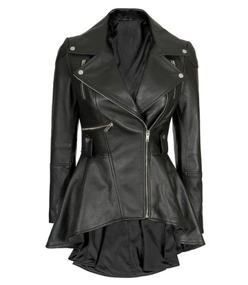 Women’s black peplum leather biker jacket front view
