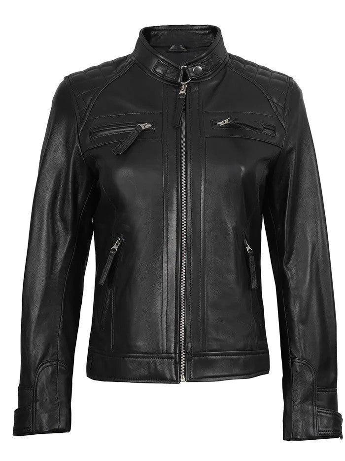 Women’s Black Quilted Biker Leather Jacket Front View