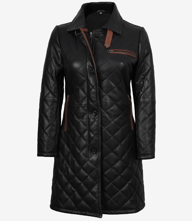 Women’s Black Quilted Leather Car Coat – Brown Trim Detailing | Livra Jackets – Genuine Leather Jacket | Livra Jackets