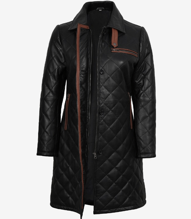 Women’s Black Quilted Leather Car Coat – Brown Trim Detailing | Livra Jackets – Genuine Leather Jacket | Livra Jackets