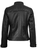 Back View of Women’s Quilted Black Leather Biker Jacket