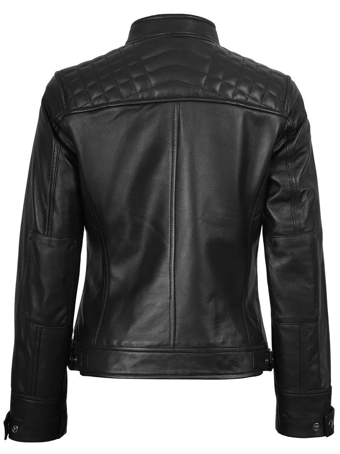 Back View of Women’s Quilted Black Leather Biker Jacket