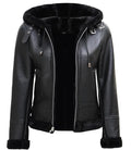Zipper and buckle detail on black shearling leather jacket
