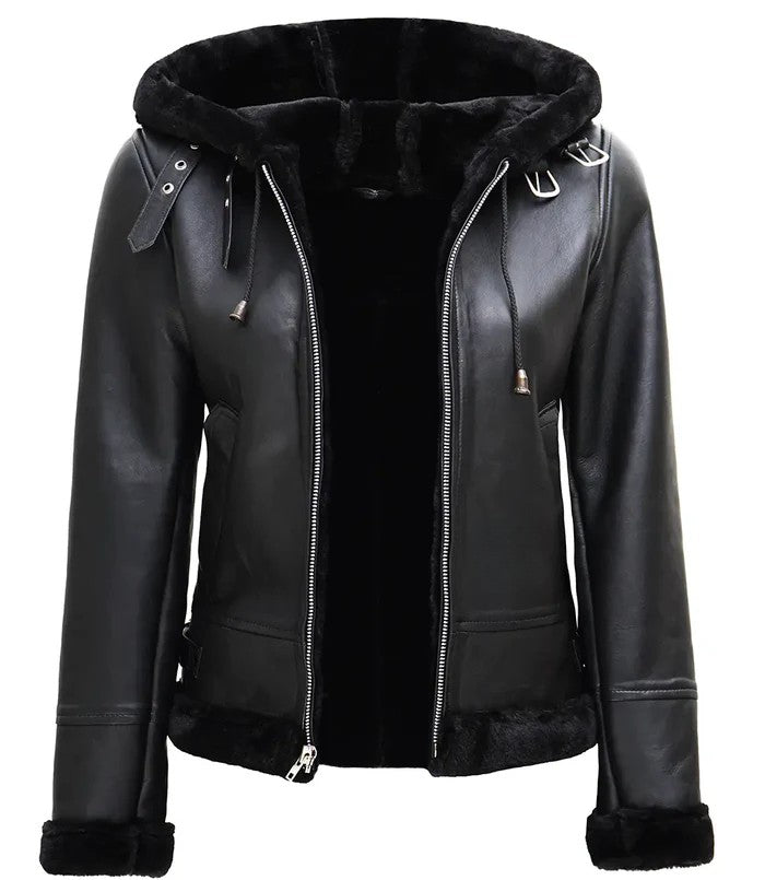 Zipper and buckle detail on black shearling leather jacket