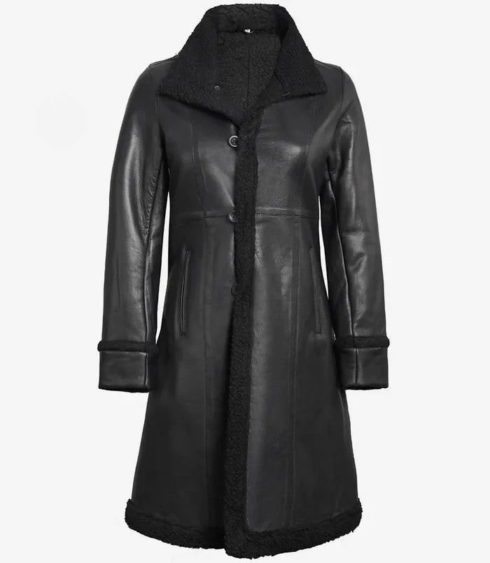 Women’s black shearling leather coat front view – Livra Jackets