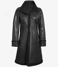 Women’s black shearling leather coat front view – Livra Jackets