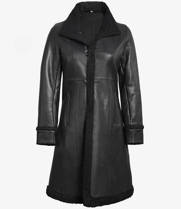 Women’s black shearling leather coat front view – Livra Jackets
