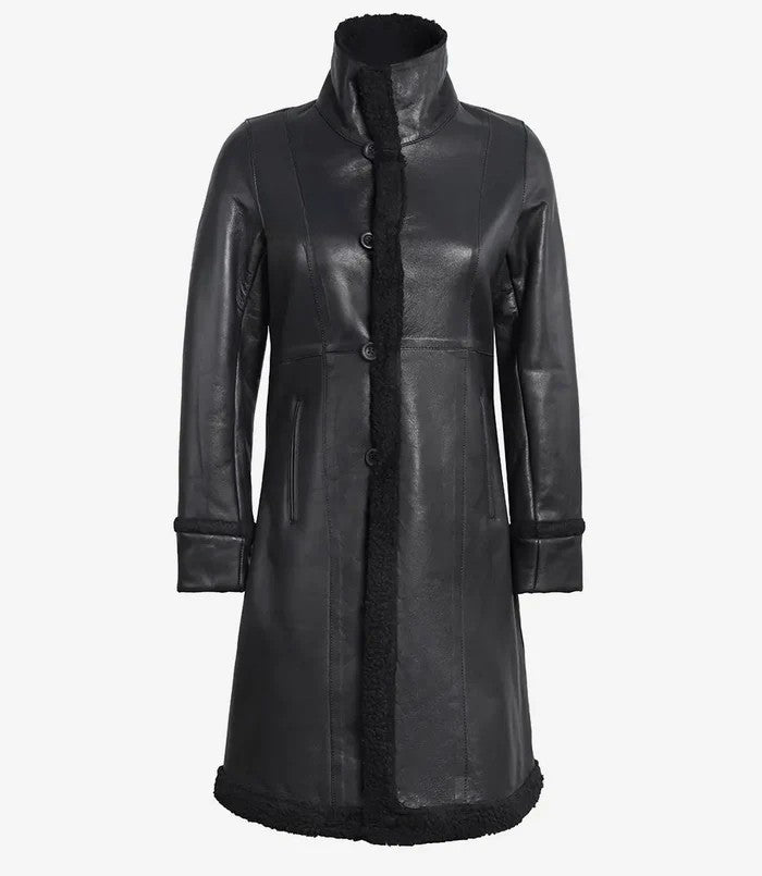 Women’s black shearling leather coat front view – Livra Jackets